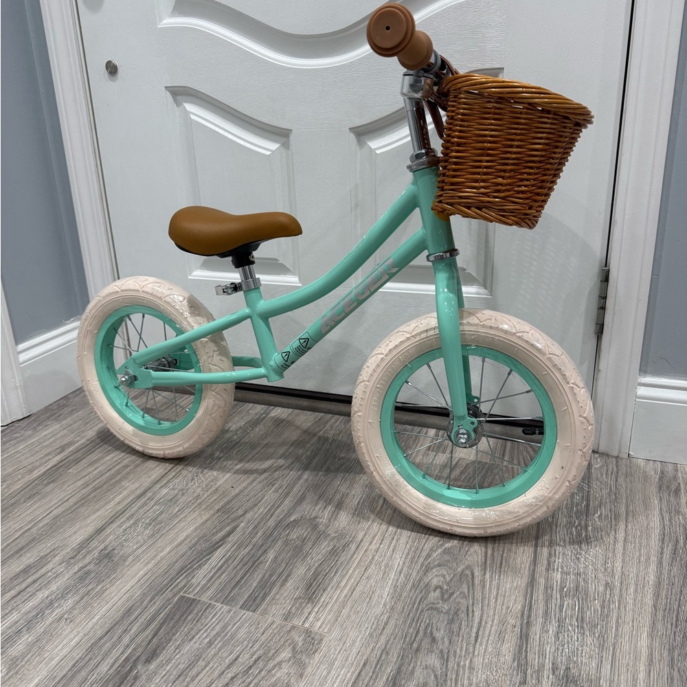 Mint and Tan Kids Balance Bike with Basket